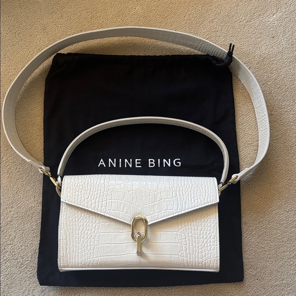 Anine Bing Colette Bag- White Croc Embossed Shoulder Bag with Gold Hardware